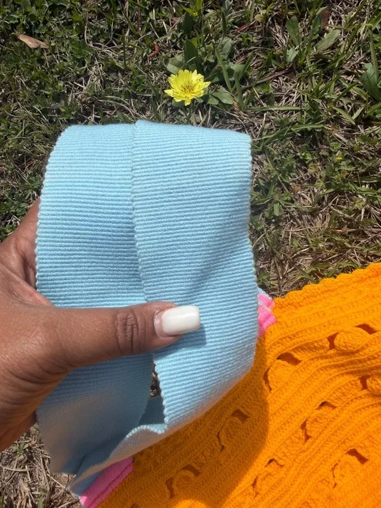 Sophie Anderson cBright Yellow Crochet Tote Bag with Blue Straps - Picture 4 of 6